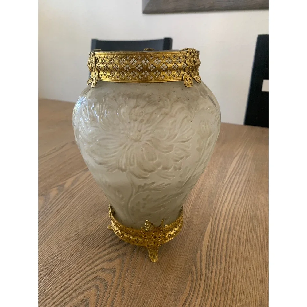Vintage Art Nouveau Frosted Glass Floral Vase Ornate Brass Filigree Footed Base